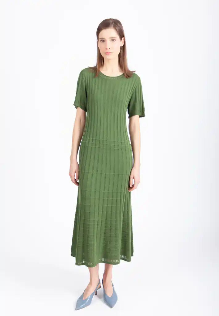 SOLID O-NECK RIBBED DRESS - GREEN
