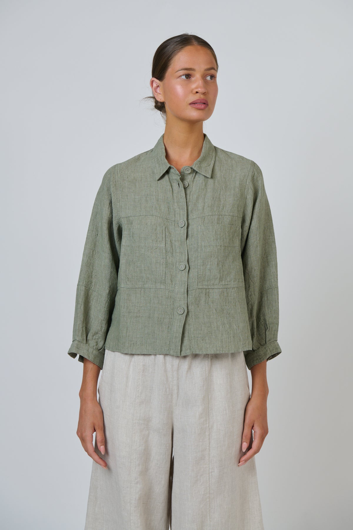 LINEN SHIRT JACKET - ARTICHOKE