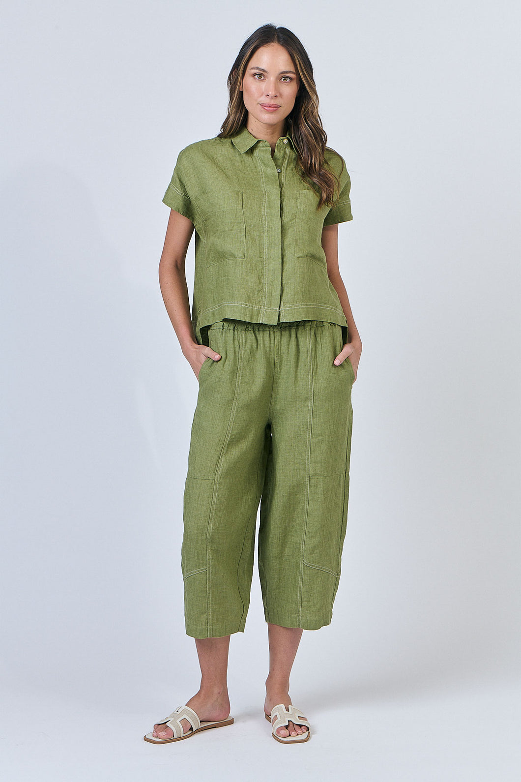 LINEN CROPPED PANTS - MOSS