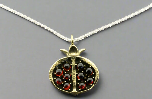 POMEGRANATE PENDANT ON 55 CM SILVER CHAIN - BRASS & GARNETS