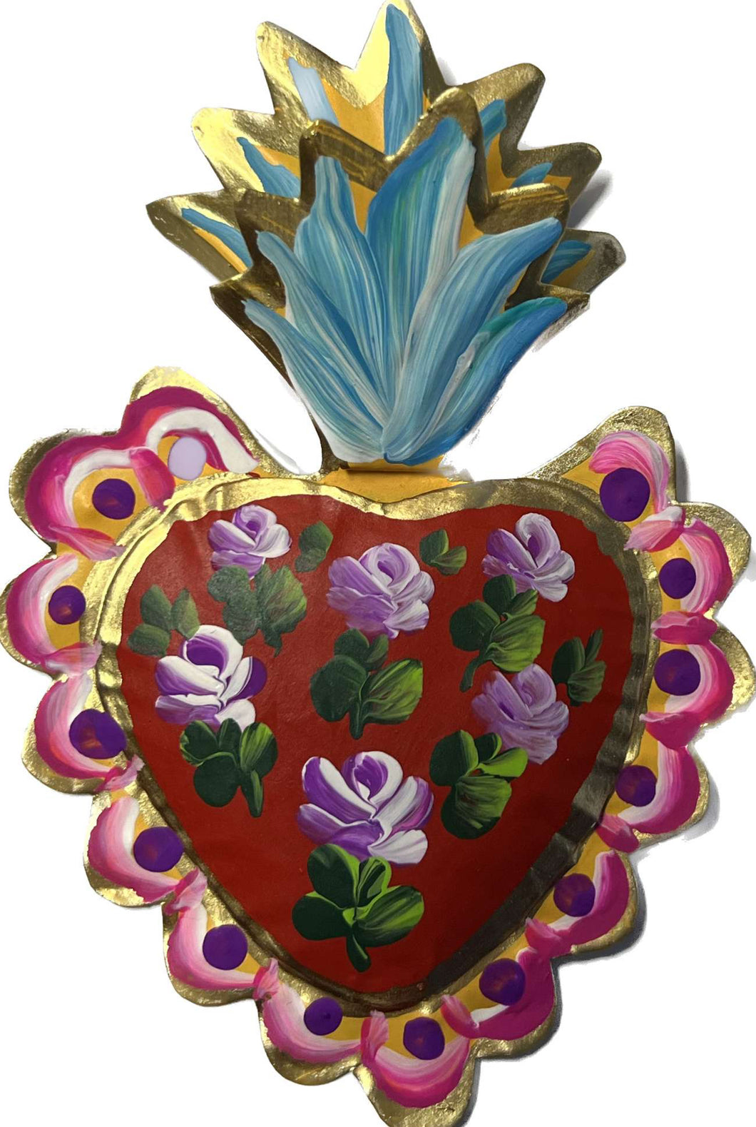 TIN WALL HANGING HAND PAINTED HEART WITH PURPLE ROSES