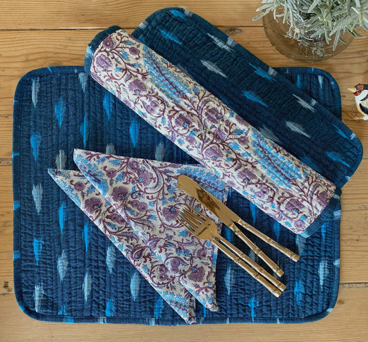 REVERSABLE LILAC & BLUE FLORAL & TEAL IKAT PLACEMATS WITH NAPKINS - SET OF 6