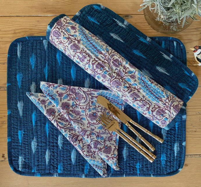 REVERSABLE LILAC & BLUE FLORAL & TEAL IKAT PLACEMATS WITH NAPKINS - SET OF 6
