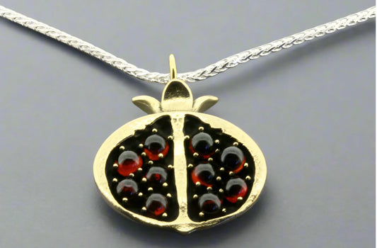 POMEGRANATE PENDANT ON 55 CM SILVER CHAIN - BRASS & GARNETS