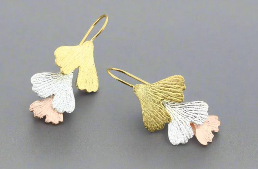 3 GINKGO DROP EARRING - SILVER, GOLD, ROSE GOLD