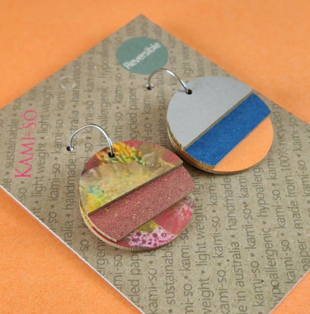 REVERSE-A-TILE FAN CIRCLE RECYCLED PAPER EARRINGS - EARTHY MULTICOLOUR & MAROON / LIGHT GREY, BLUE & ORANGE