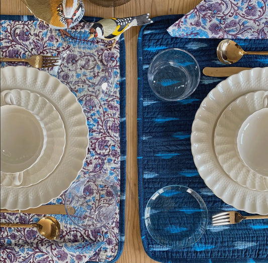 REVERSABLE LILAC & BLUE FLORAL & TEAL IKAT PLACEMATS WITH NAPKINS - SET OF 6