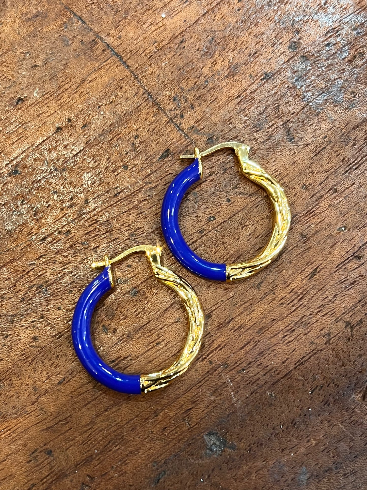 BLUE ENAMEL 1/2 & 1/2 HOOPED EARRINGS