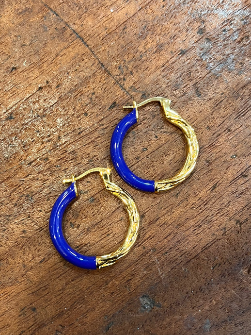 BLUE ENAMEL 1/2 & 1/2 HOOPED EARRINGS