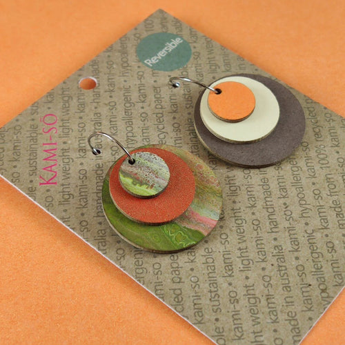 REVERSE-A-TILE EXPANDING CIRCLE RECYCLED PAPER EARRINGS - EARTHY GREEN & ORANGE GOLD / ORANGE, CREAM & CHOCOLATE