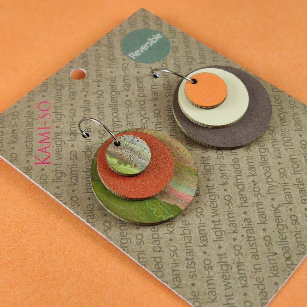 REVERSE-A-TILE EXPANDING CIRCLE RECYCLED PAPER EARRINGS - EARTHY GREEN & ORANGE GOLD / ORANGE, CREAM & CHOCOLATE