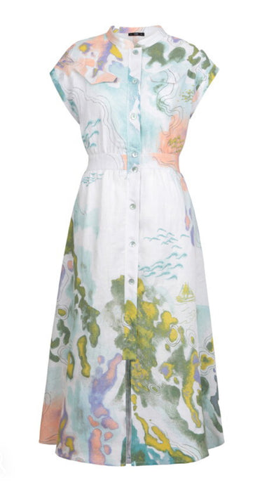 PRINTED DRESS - TERRAIN PATTERN - WHITE