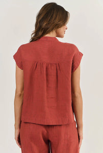 LINEN CAP SLEEVE TOP - CEDAR