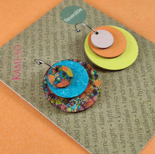 REVERSE-A-TILE EXPANDING CIRCLE RECYCLED PAPER EARRINGS - MULTICOLOUR & BLUE SPECKLE / BLUSH, ORANGE & YELLOW