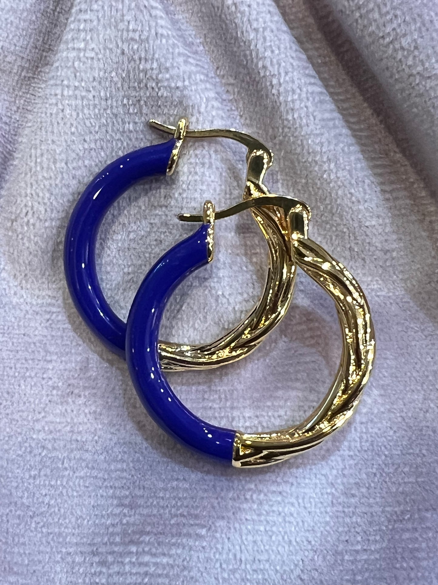 BLUE ENAMEL 1/2 & 1/2 HOOPED EARRINGS