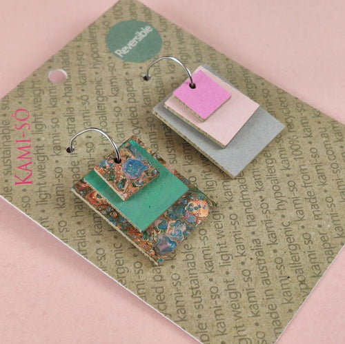 REVERSE-A-TILE EXPANDING RECTANGLE RECYCLED PAPER EARRINGS - MUTED SPECKLE & DUSTY GREEN / PINK BLUSH & LIGHT GREY