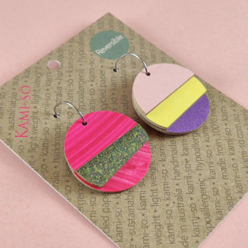 REVERSE-A-TILE FAN CIRCLE RECYCLED PAPER EARRINGS - PINK & DARK SPECKLE / BLUSH, YELLOW & PURPLE