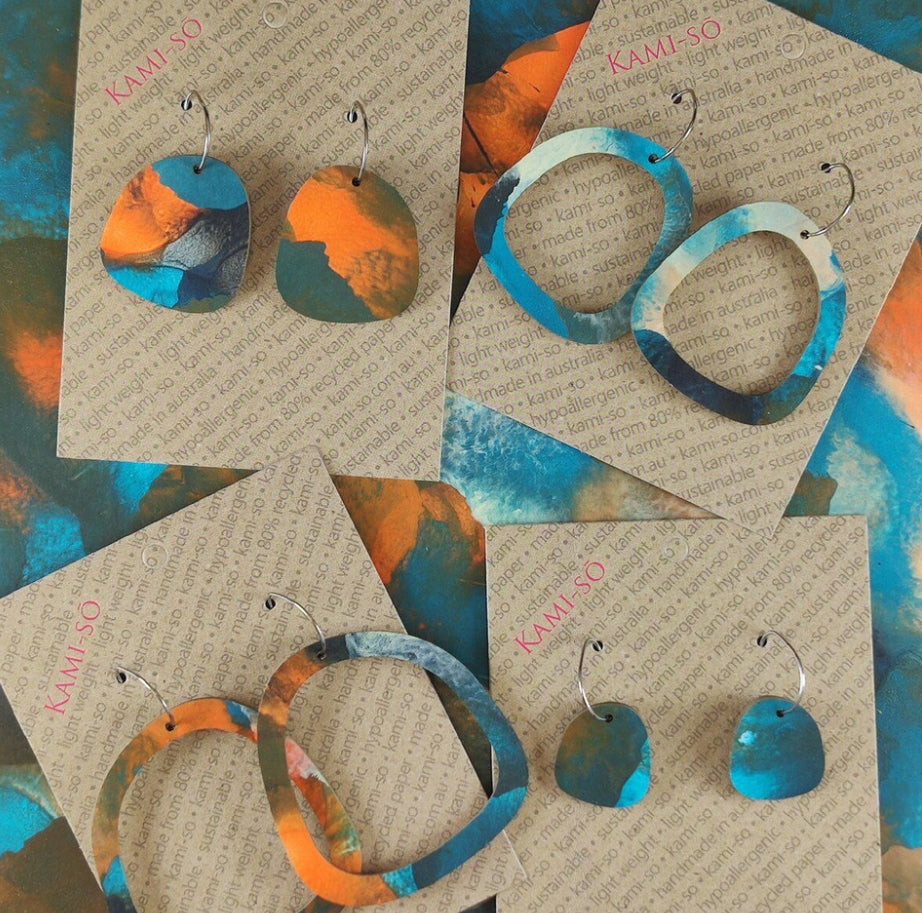 RECYCLED SQUARE PAPER EARRINGS - BLUE & ORANGE