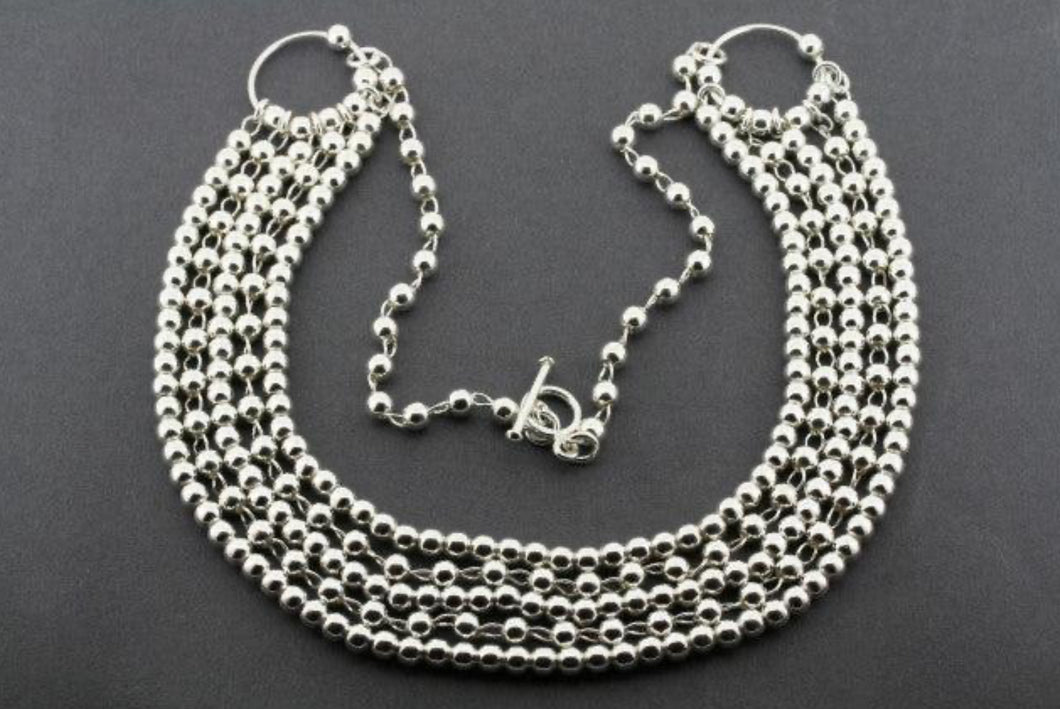 5 STRAND BALL BEAD NECKLACE - STERLING SILVER