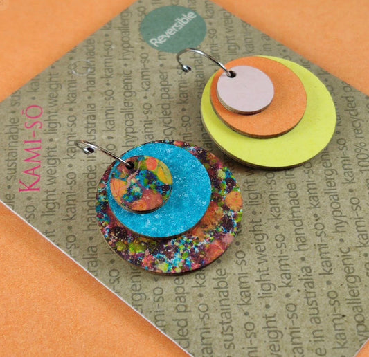 REVERSE-A-TILE EXPANDING CIRCLE RECYCLED PAPER EARRINGS - BLUE SPECKLE