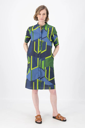 PLAZA SHIRT DRESS - NAVY / GREEN IN COTTON