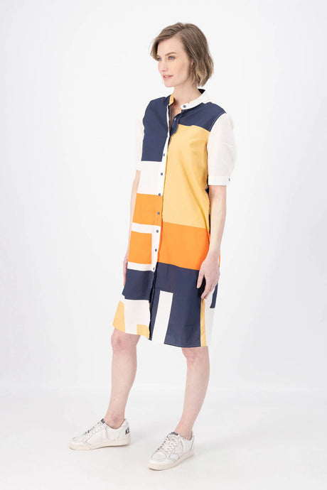 PLAZA SHIRT DRESS - ORANGE / NAVY IN COTTON