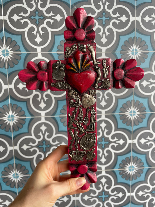 WOODEN CROSS W/HEART & MILAGROS - GREEN OR PINK