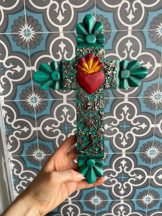 WOODEN CROSS W/HEART & MILAGROS - GREEN OR PINK