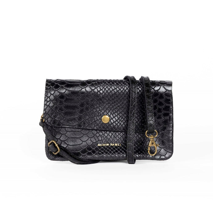 SNAKE PRINT LEATHER CLUTCH - BLACK