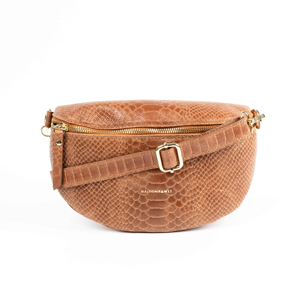 SNAKE CROSS BODY BUM BAG -  CAMEL