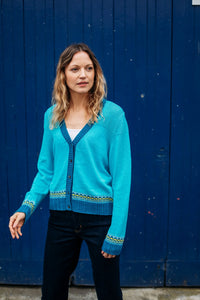 STITCHILL VEE NECK CARDIGAN - TURQUOISE