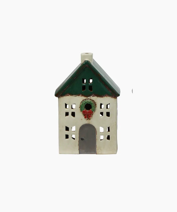CHRISTMAS TEA LIGHT HOUSE GREEN WITH WREATH SMALL