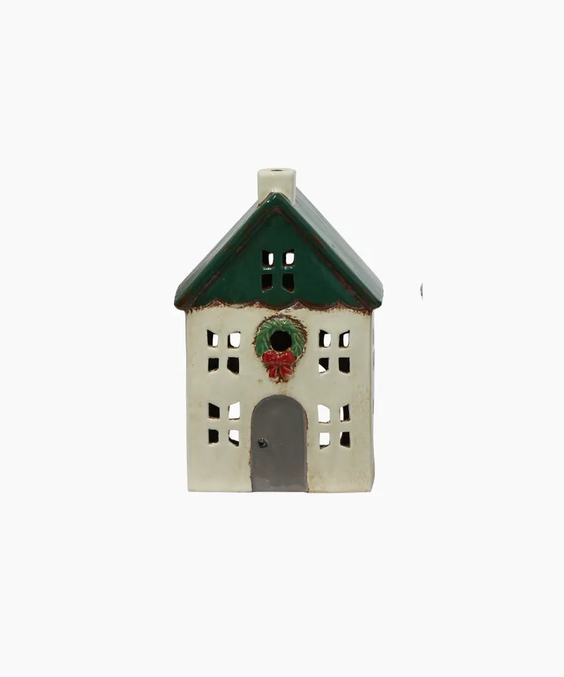 CHRISTMAS TEA LIGHT HOUSE GREEN WITH WREATH SMALL