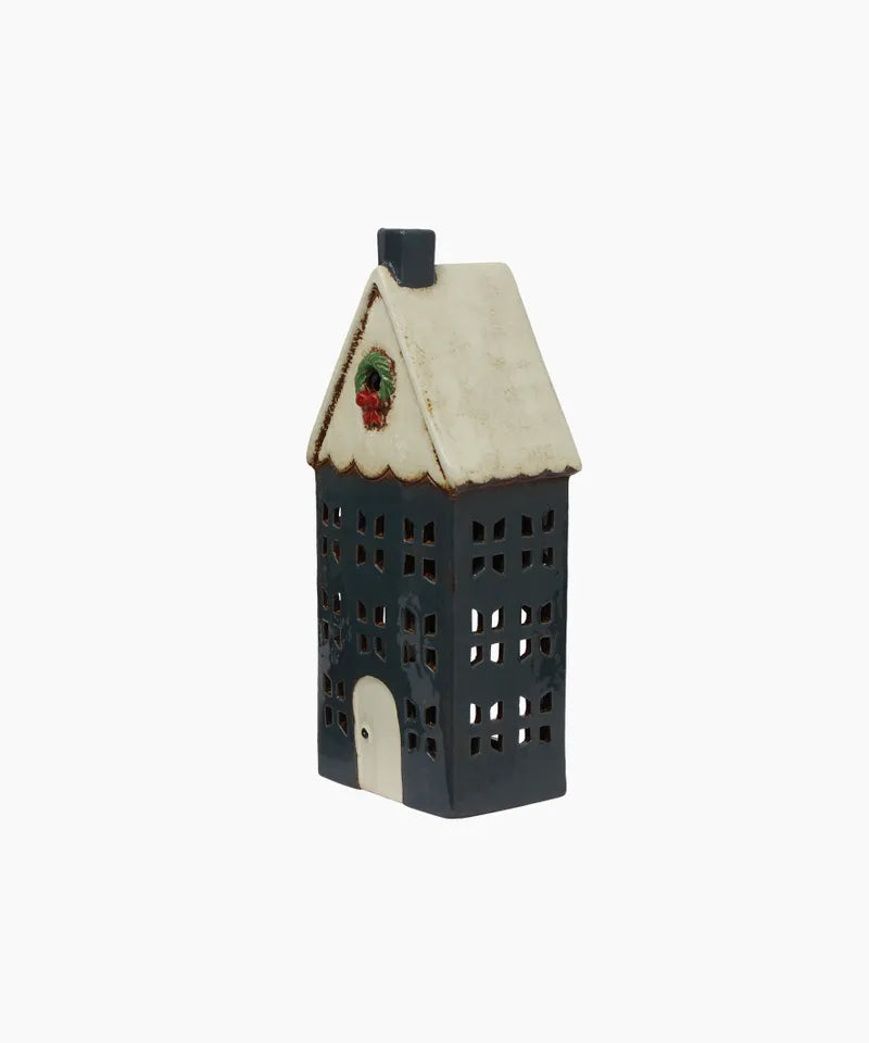 CHRISTMAS TEA LIGHT HOUSE BLUE WITH WREATH LARGE