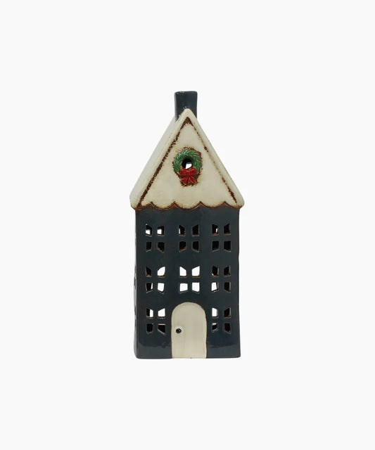 CHRISTMAS TEA LIGHT HOUSE BLUE WITH WREATH LARGE