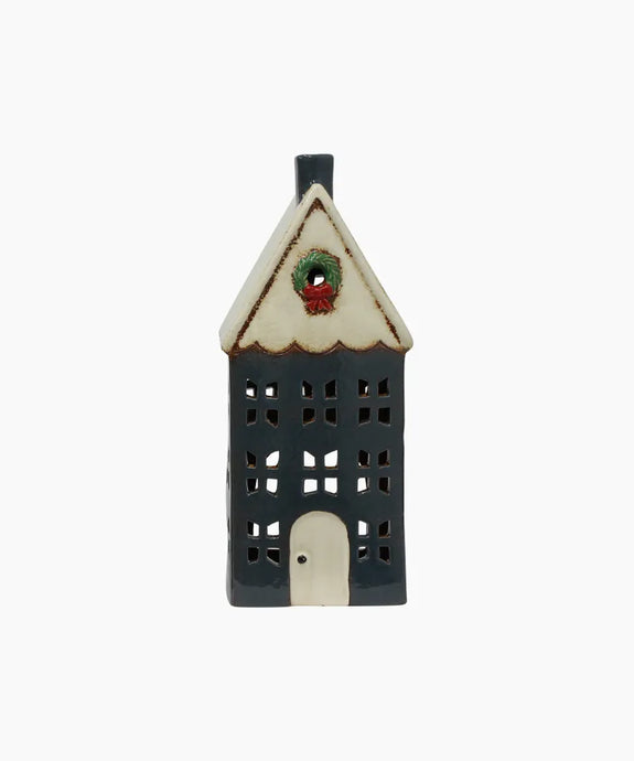 CHRISTMAS TEA LIGHT HOUSE BLUE WITH WREATH LARGE