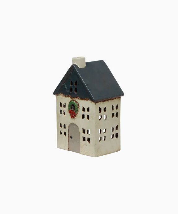 CHRISTMAS TEA LIGHT HOUSE BLUE WITH WREATH