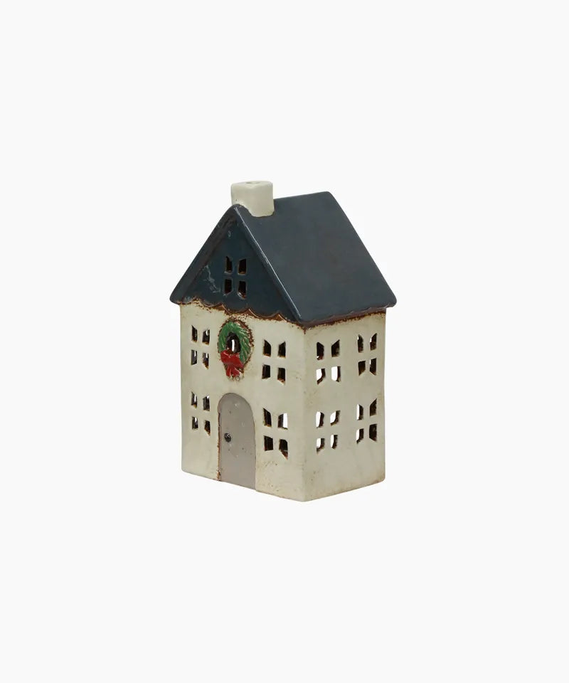 CHRISTMAS TEA LIGHT HOUSE BLUE WITH WREATH