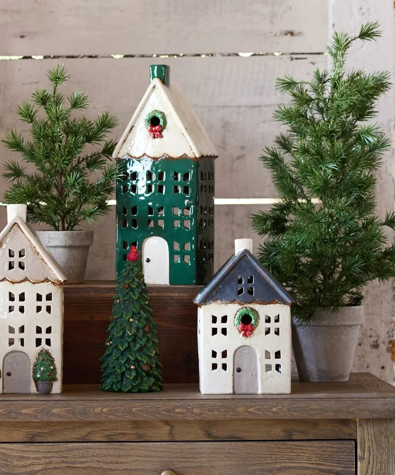 CHRISTMAS TEA LIGHT HOUSE BLUE WITH WREATH