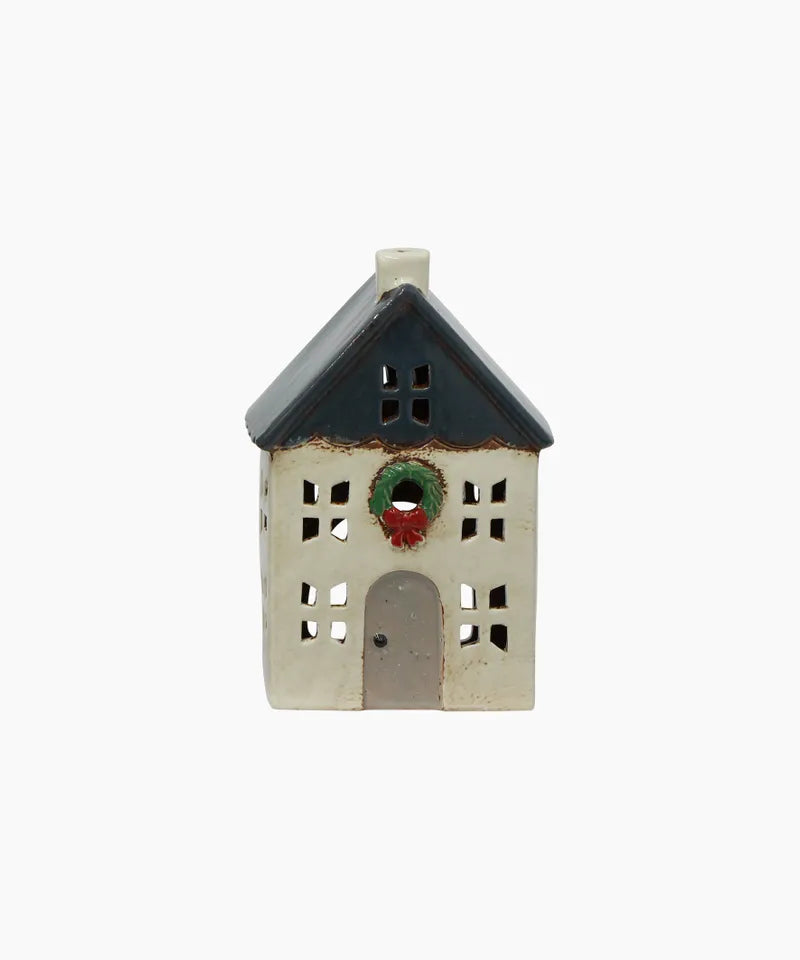 CHRISTMAS TEA LIGHT HOUSE BLUE WITH WREATH
