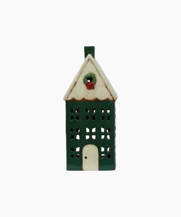 CHRISTMAS TEA LIGHT HOUSE GREEN WITH WREATH LARGE