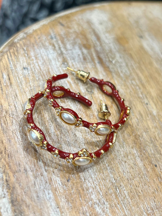BURGUNDY ENAMEL HOOPS WITH PEARLS & CRYSTALS