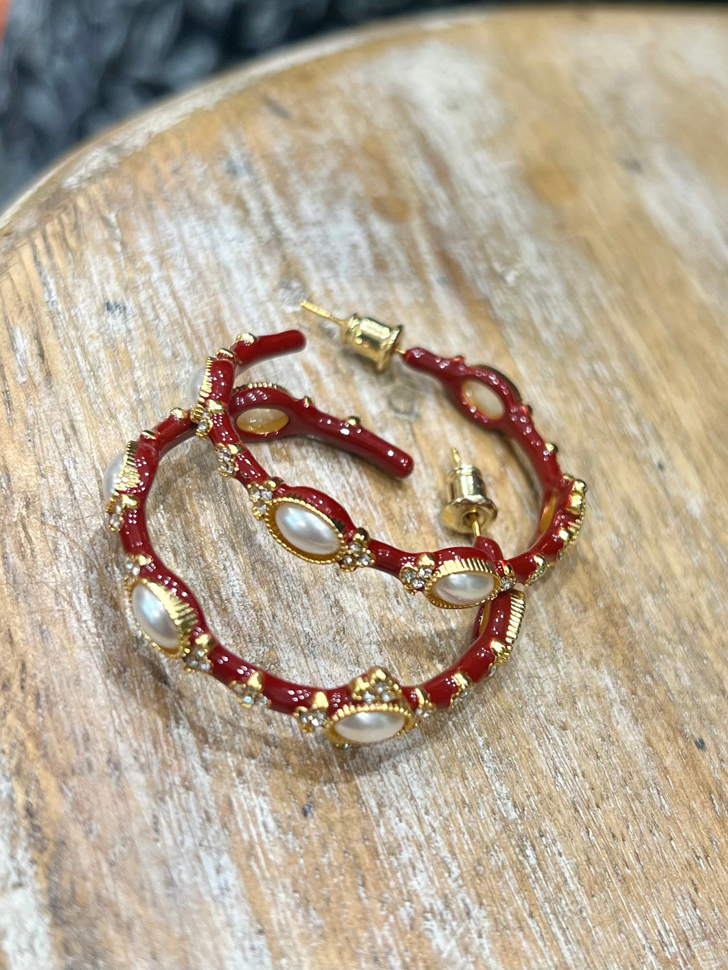 BURGUNDY ENAMEL HOOPS WITH PEARLS & CRYSTALS