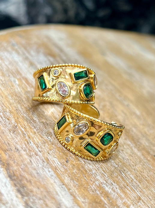 GOLD HOOPS WITH GREEN & CLEAR CRYSTALS