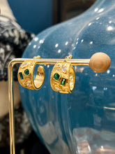 Load image into Gallery viewer, GOLD HOOPS WITH GREEN &amp; CLEAR CRYSTALS
