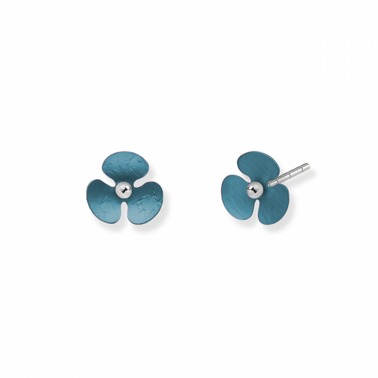 BLUE TITANIUM & SILVER TINY FLOWER STUD EARRINGS