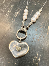Load image into Gallery viewer, Handmade Silver &amp; Gold Double Heart Necklace with Freshwater Pearls