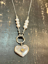 Load image into Gallery viewer, Handmade Silver &amp; Gold Double Heart Necklace with Freshwater Pearls