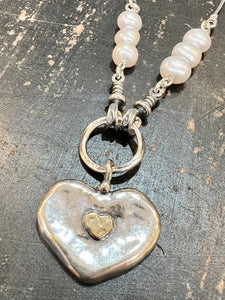 Handmade Silver & Gold Double Heart Necklace with Freshwater Pearls