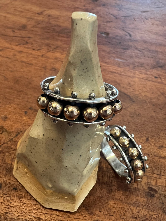 STERLING SILVER RING WITH 9ct GOLD PLATED BALLS